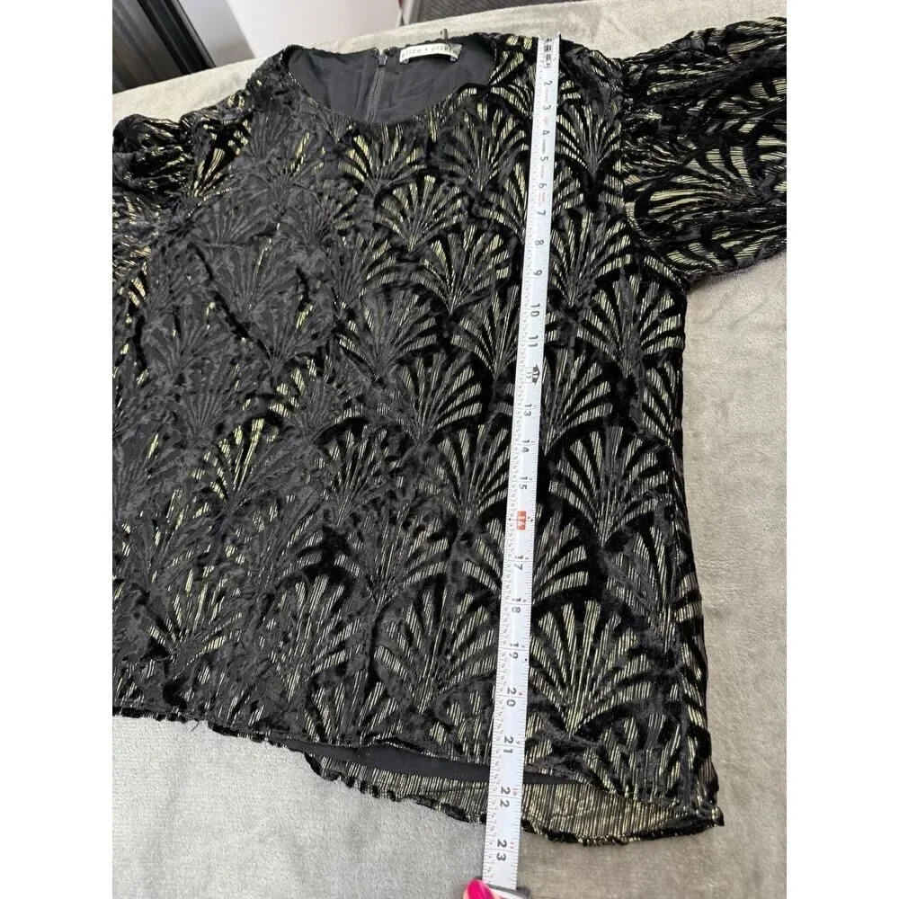 Alice + Olivia Black Metallic Art Deco Blouse Small 3/4 Sleeve Party Top